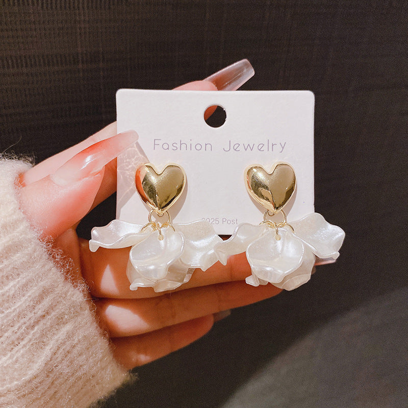 Women's Colorful Water Drop Rose Pearl Petals Mori Temperament Three-dimensional Flower Earrings