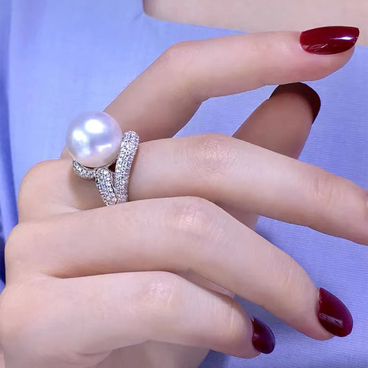 High Carbon Rhinestone Pearl Female Design Light Luxury Open Exquisite Ring