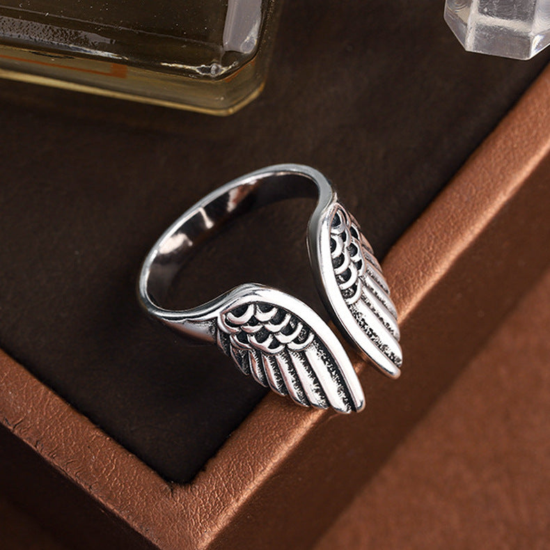 Women's & Men's Angel Wings Fashion Trend Sier Plated Retro Distressed Ring