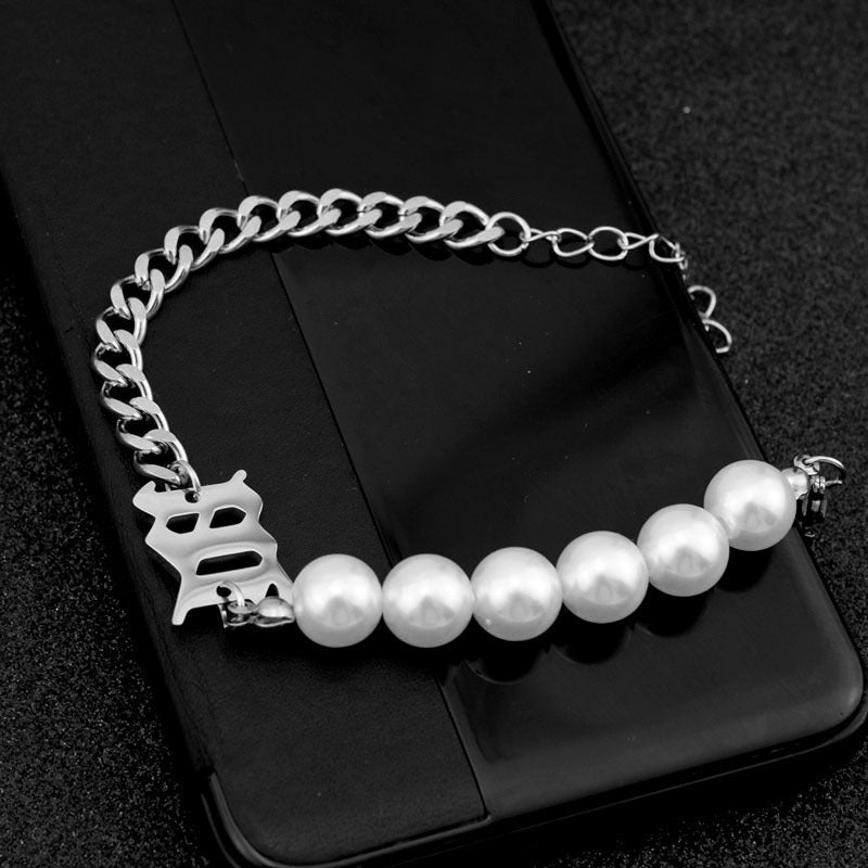 Women's & Men's Steel Ancient Letter Pearl Stitching And Necklaces