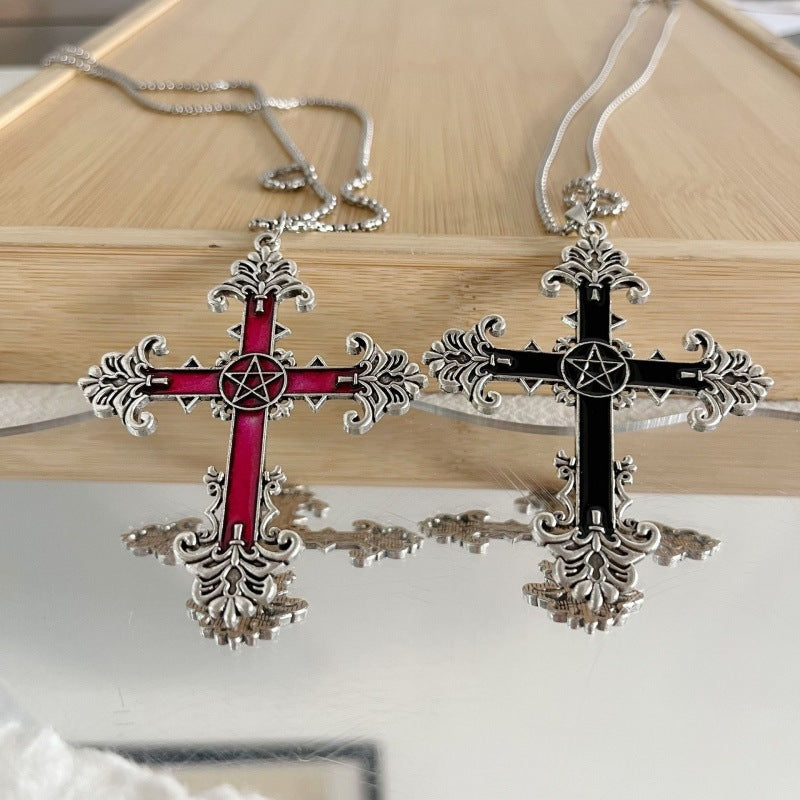 Grid Retro Dark Gothic Black Red Cross Necklace