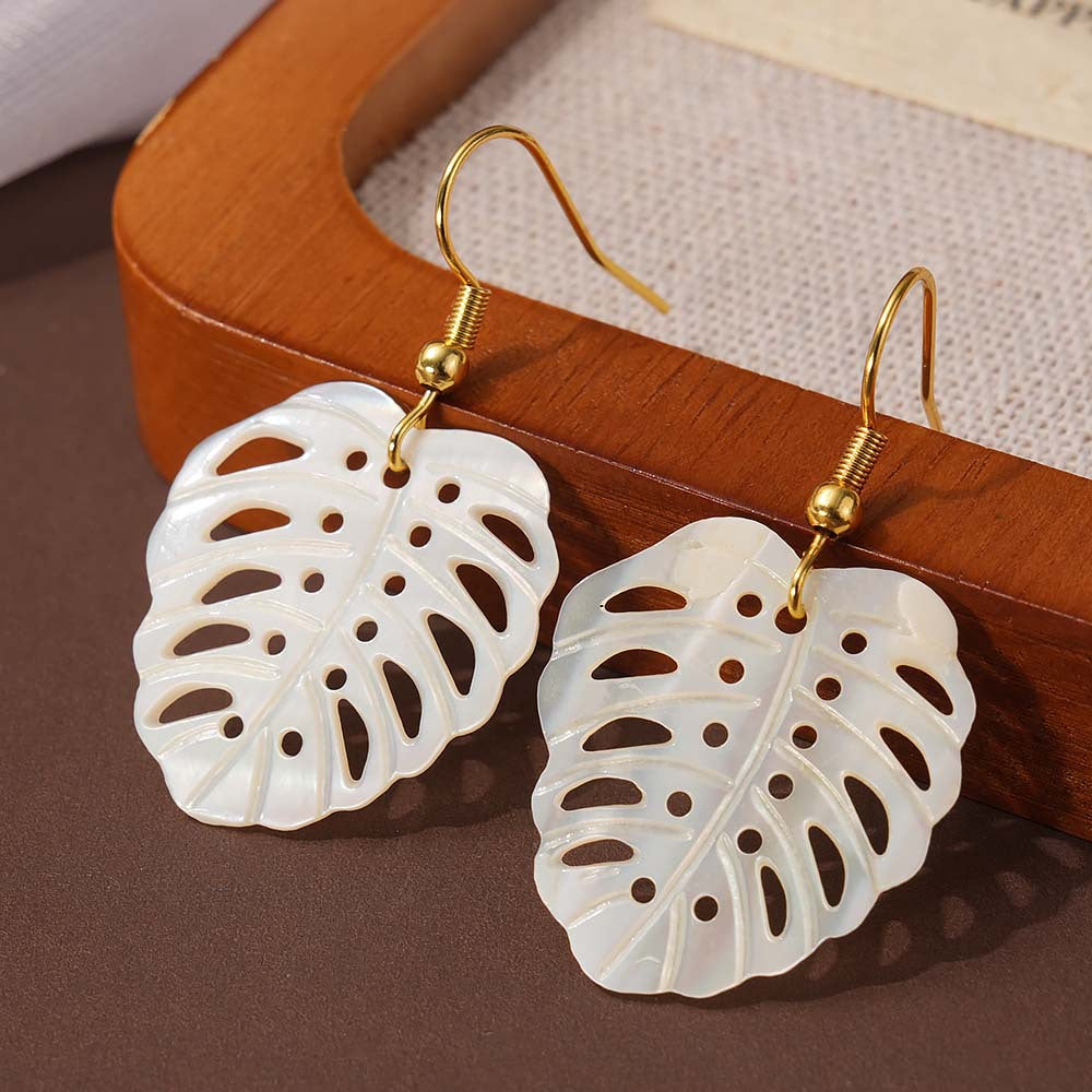 Summer Seaside White Shell Scallop Simple Hollow Monstera Earrings