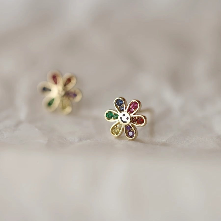 Women's Sterling Sier Gold-plated Smile Flower Cute Good Mood Stud Earrings