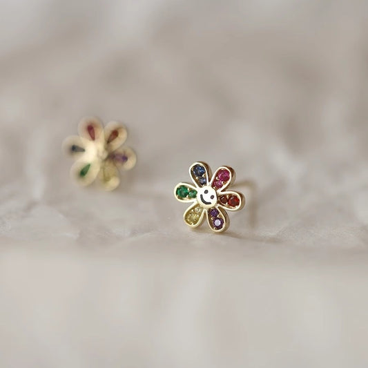 Women's Sterling Sier Gold-plated Smile Flower Cute Good Mood Stud Earrings