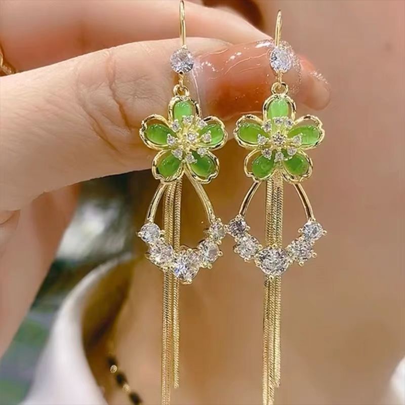 Fairy Green Opal Flower Tassel High-grade Earrings