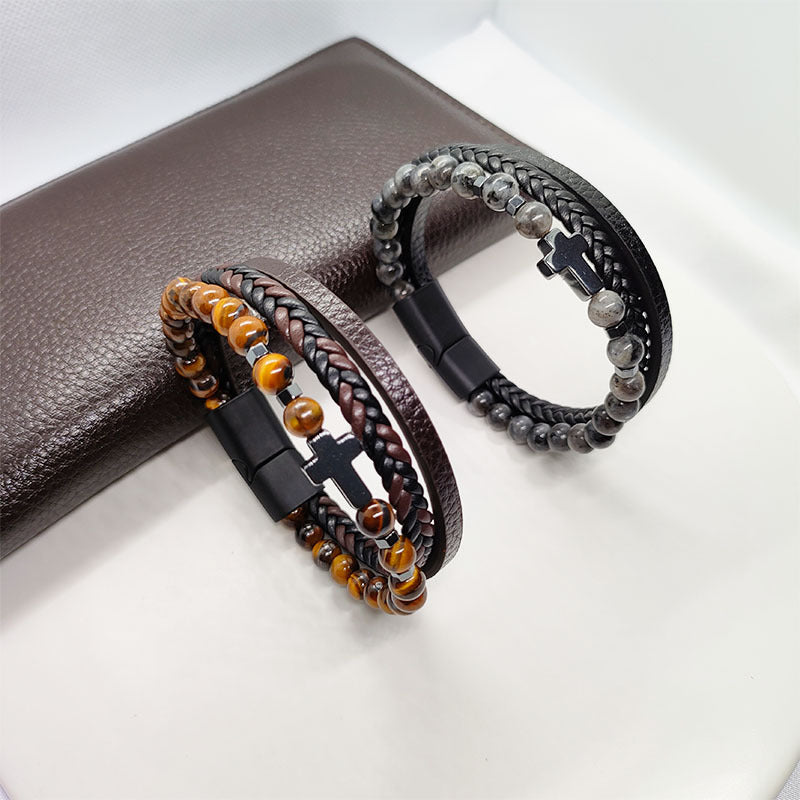 Cross Hematite Personalized Fashion Woven Leather Tigereye Frosted Bracelets