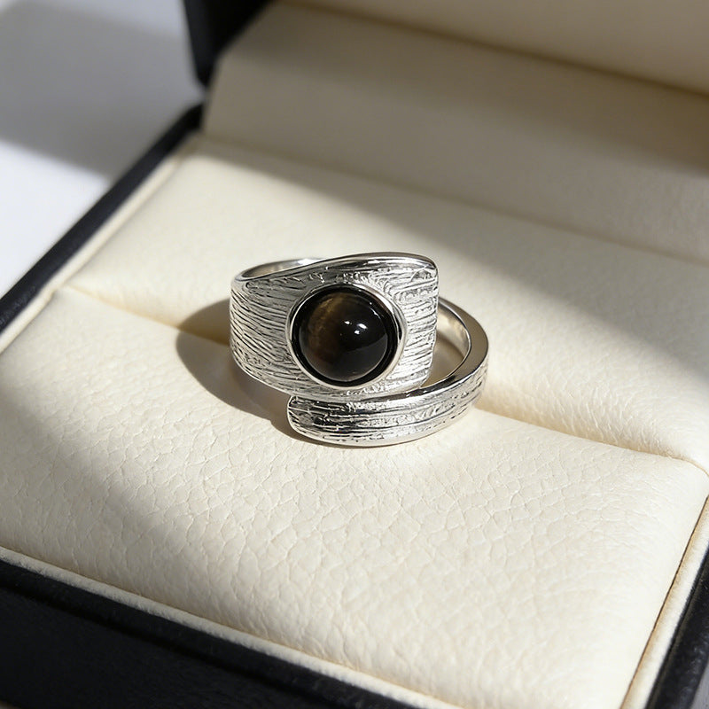 Korean Style Tigereye Irregular Design High-grade Simple Retro Sier-plated Rings