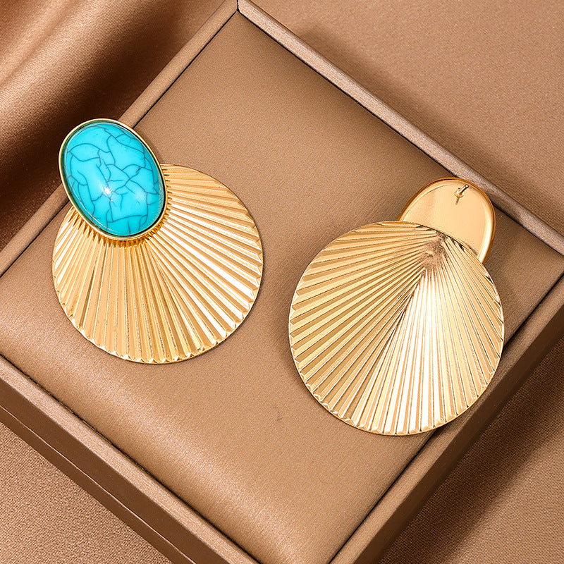 Women's Pair Fashion Design Turquoise Metal Diameter Big Round Slice Dance Earrings