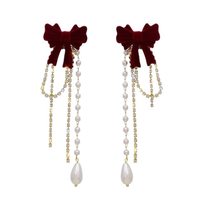 Bow Tassel Pearl Female Fairy Red Earrings