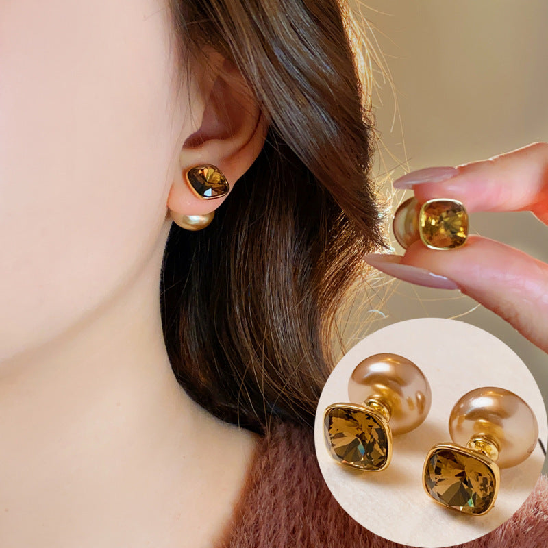 Style Double-sided Champagne Square Diamond Pearl Stud Earrings