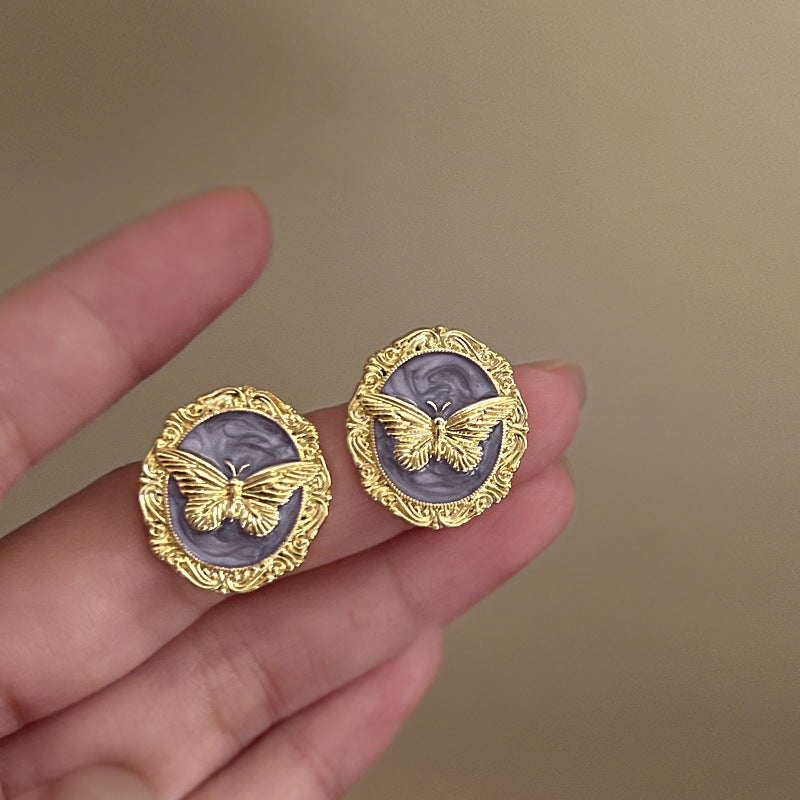 Needle Butterfly Enamel Vintage Court Style Delicate Light Luxury Earrings