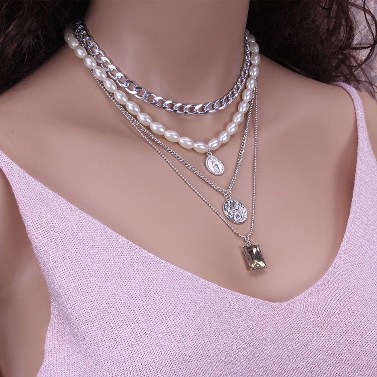 Women's Ornament Fashion Oval Pearl Alloy Coin Necklaces