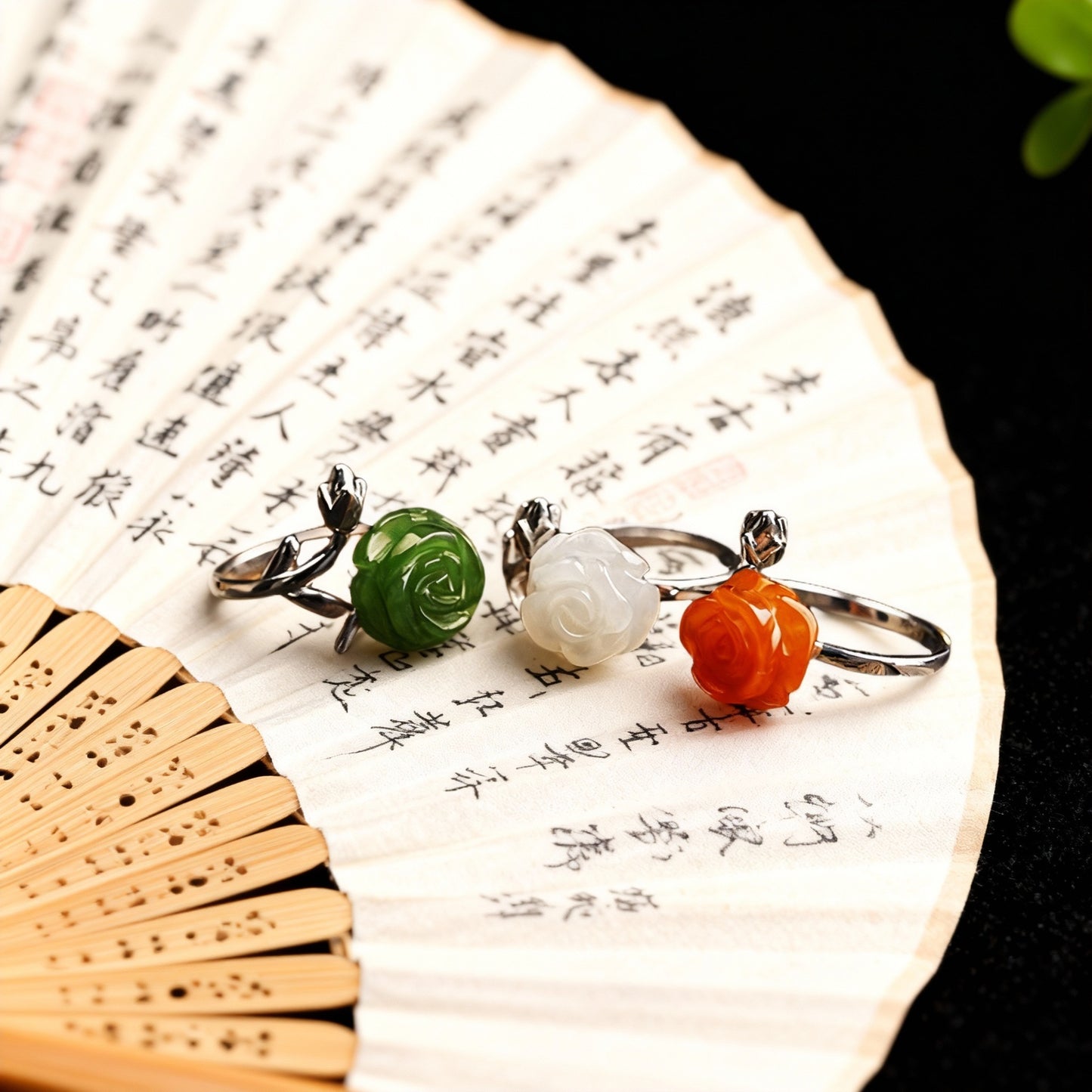 Inlaid White Jade Rose Carved Flower Open Index Finger Female Rings