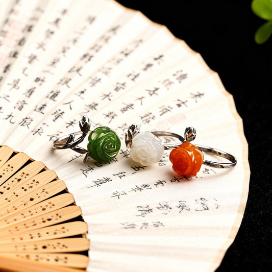 Inlaid White Jade Rose Carved Flower Open Index Finger Female Rings