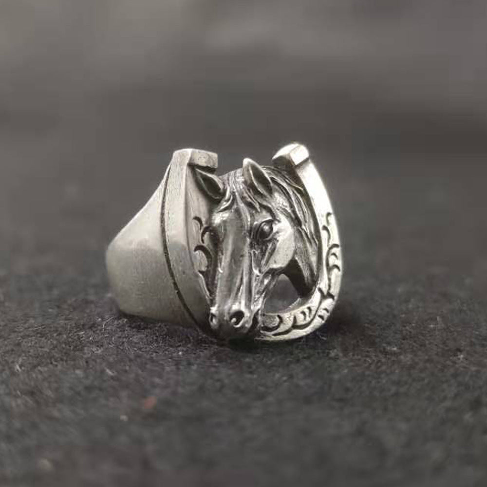 Women's & Men's Sier Horseshoe Horse Head Zodiac Personality Retro Ring