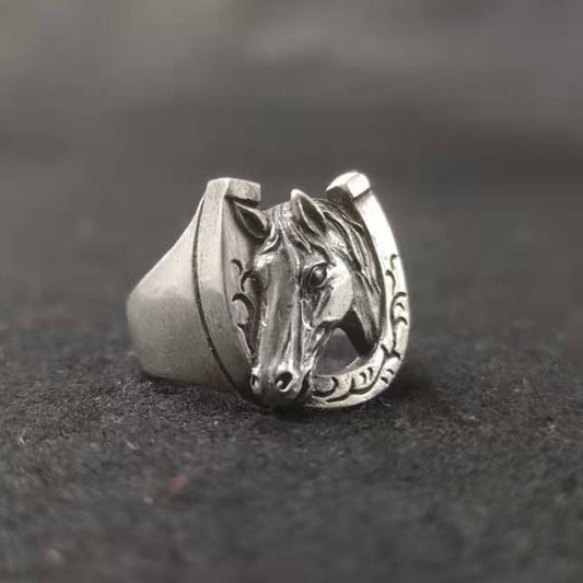 Women's & Men's Sier Horseshoe Horse Head Zodiac Personality Retro Ring