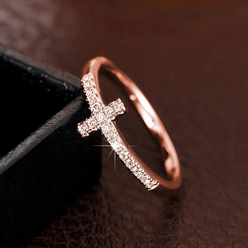 Cross Light Luxury Personality Minimalist Style Gold Inlaid Zircon Rings