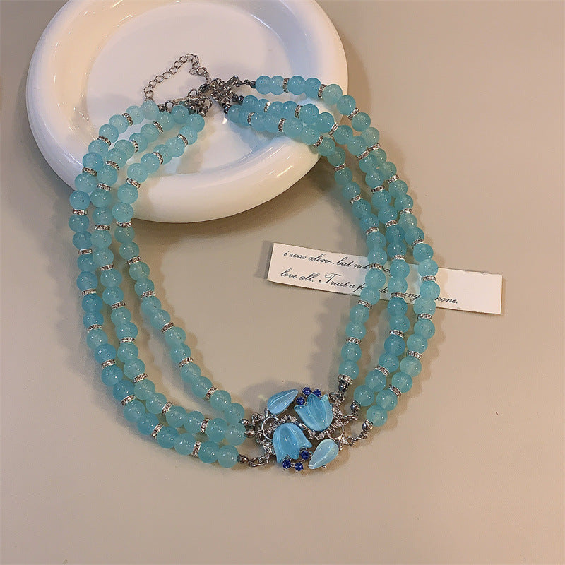 Blue Beaded Summer Cool Light Lily Necklace