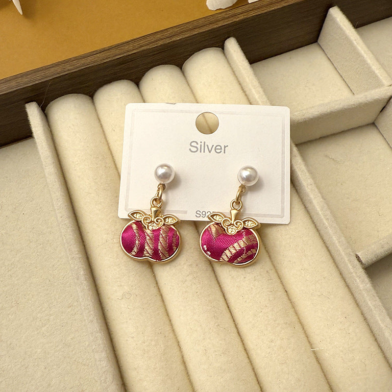 Style Song Dynasty Brocade Lucky Persimmon Sier Needle Ancient Auricular Earrings