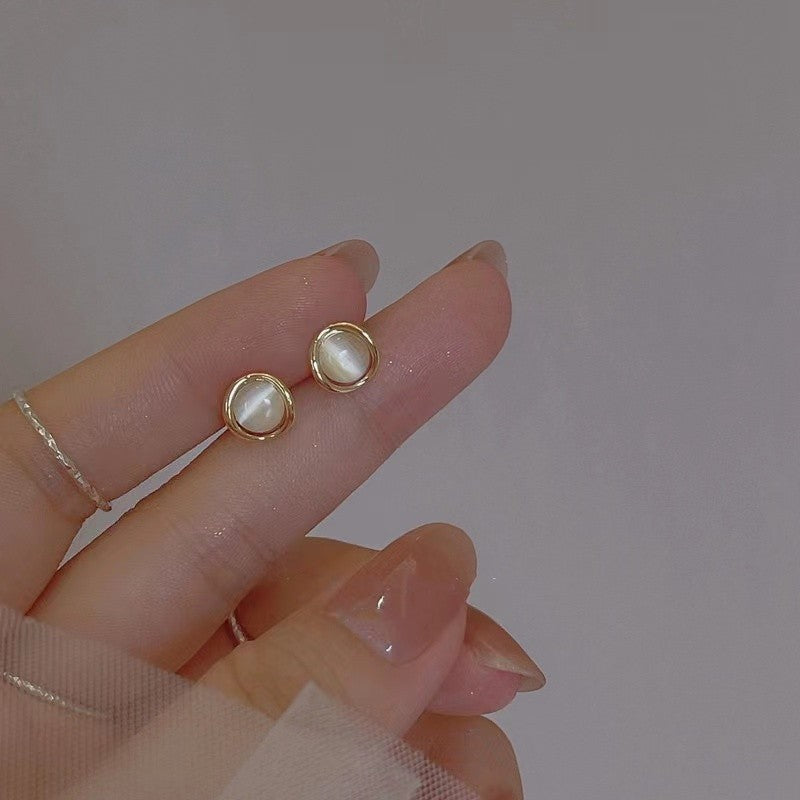 Women's Sterling Sier Needle Opal Stone Ear Graceful Petite Round Stud Earrings