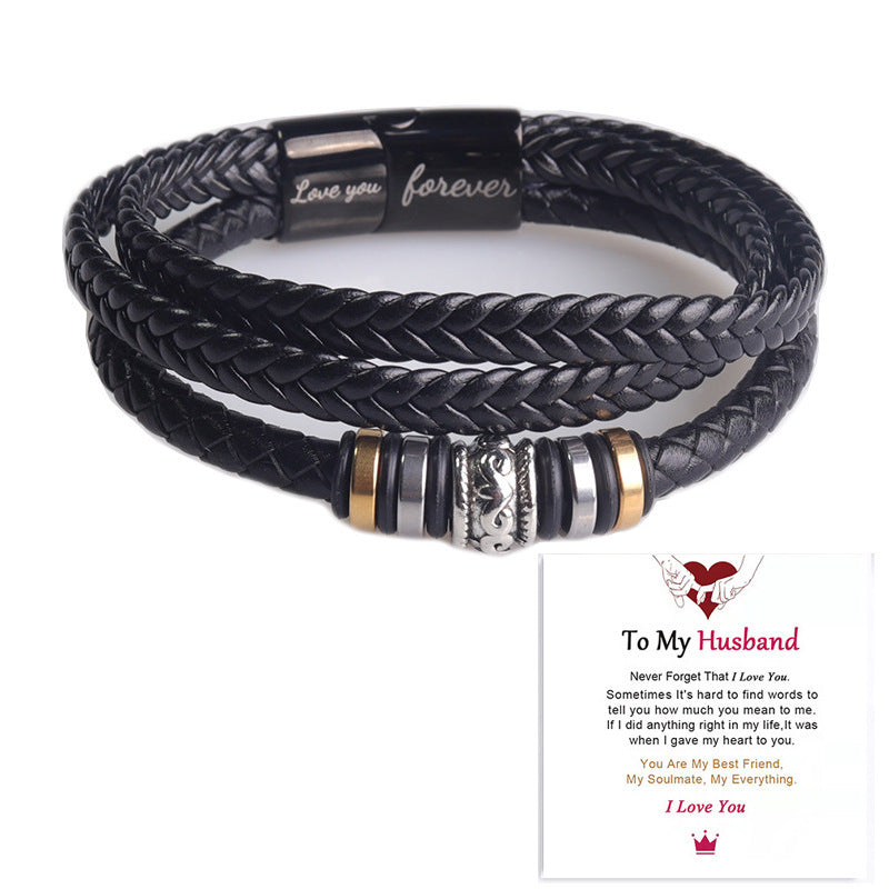 Black Leather Cord Stainless Steel Magnetic Bracelets