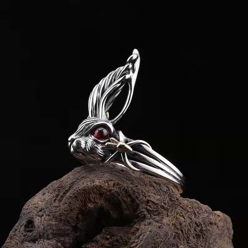 Retro Creative Crystal Fan Rabbit Big Ear Red Eye White Rings