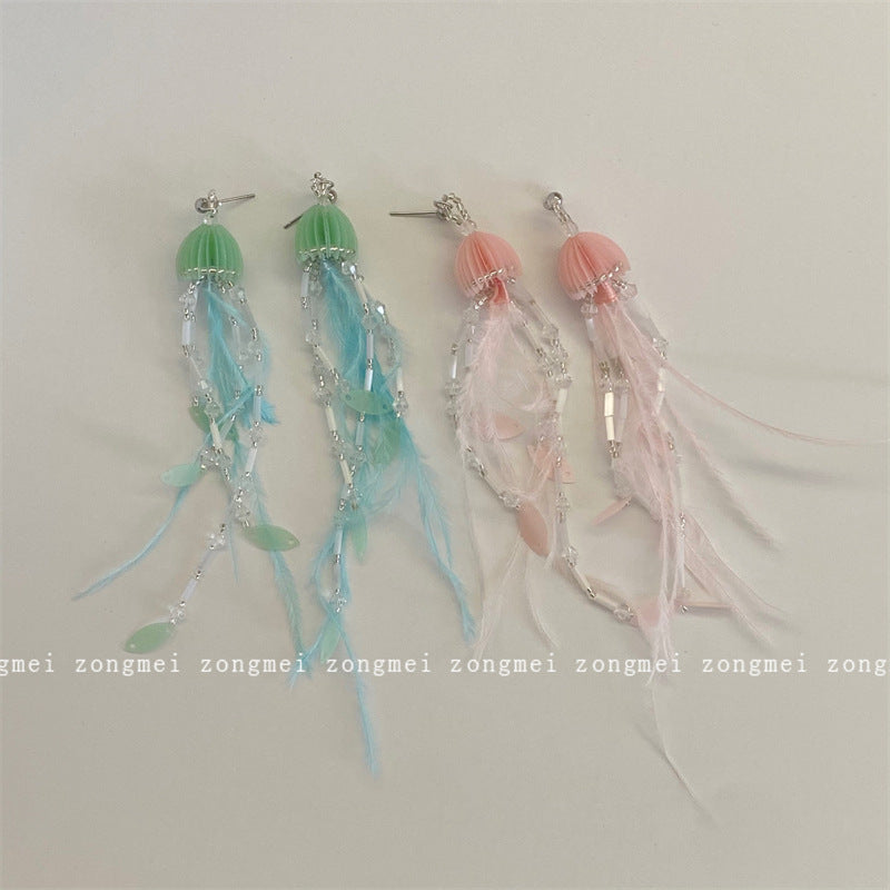 Fairy Feather Beaded Tassel Ear Clip Earrings