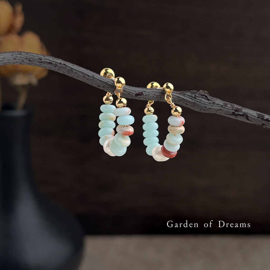 Style Handmade Freshwater Stringed Pearls Ear Chinese Natural Stone Contrast Earrings