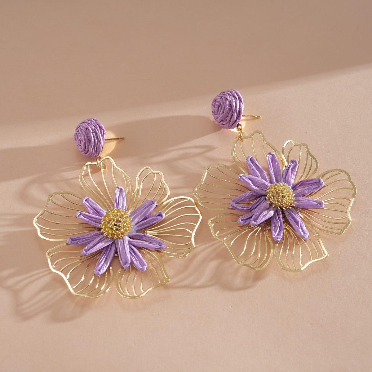 Vacation Style Metal Raffia Flower Sier Sweet Fresh Earrings