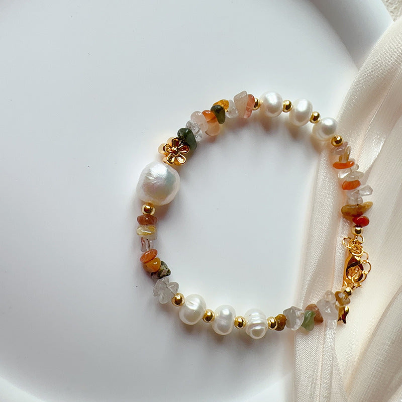 Artistic Oriental Style Natural Stone Pearl Small Flower Autumn Color Bracelet