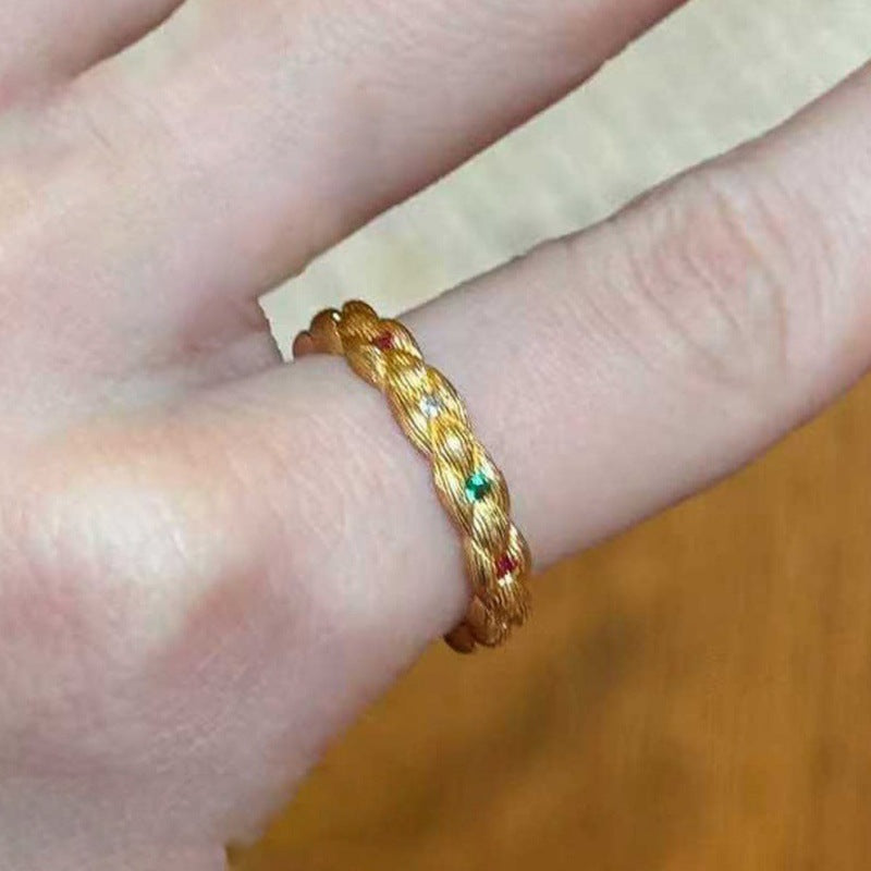 Flower Branch Open Female Twin Twist Weave Imitation Gold Index Ring