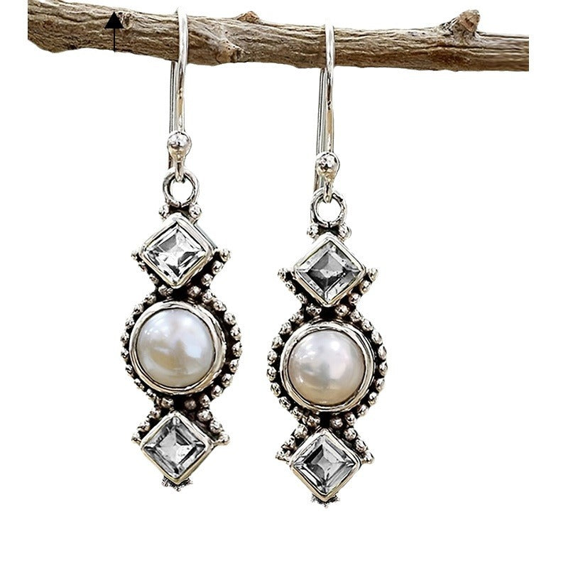 Women's Sier Pearl Plated Creative Square Diamond Olive Green Earrings