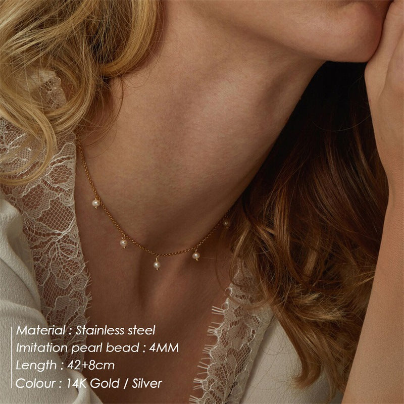 Women's Stainless Steel Imitation Pearl Tassel Fashion Style Niche Necklaces