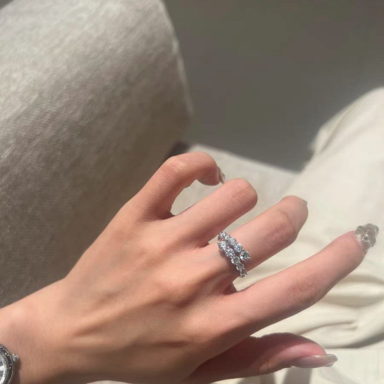 Women's Asymmetric Diamond Light Luxury Design Open Trendy Live Ring