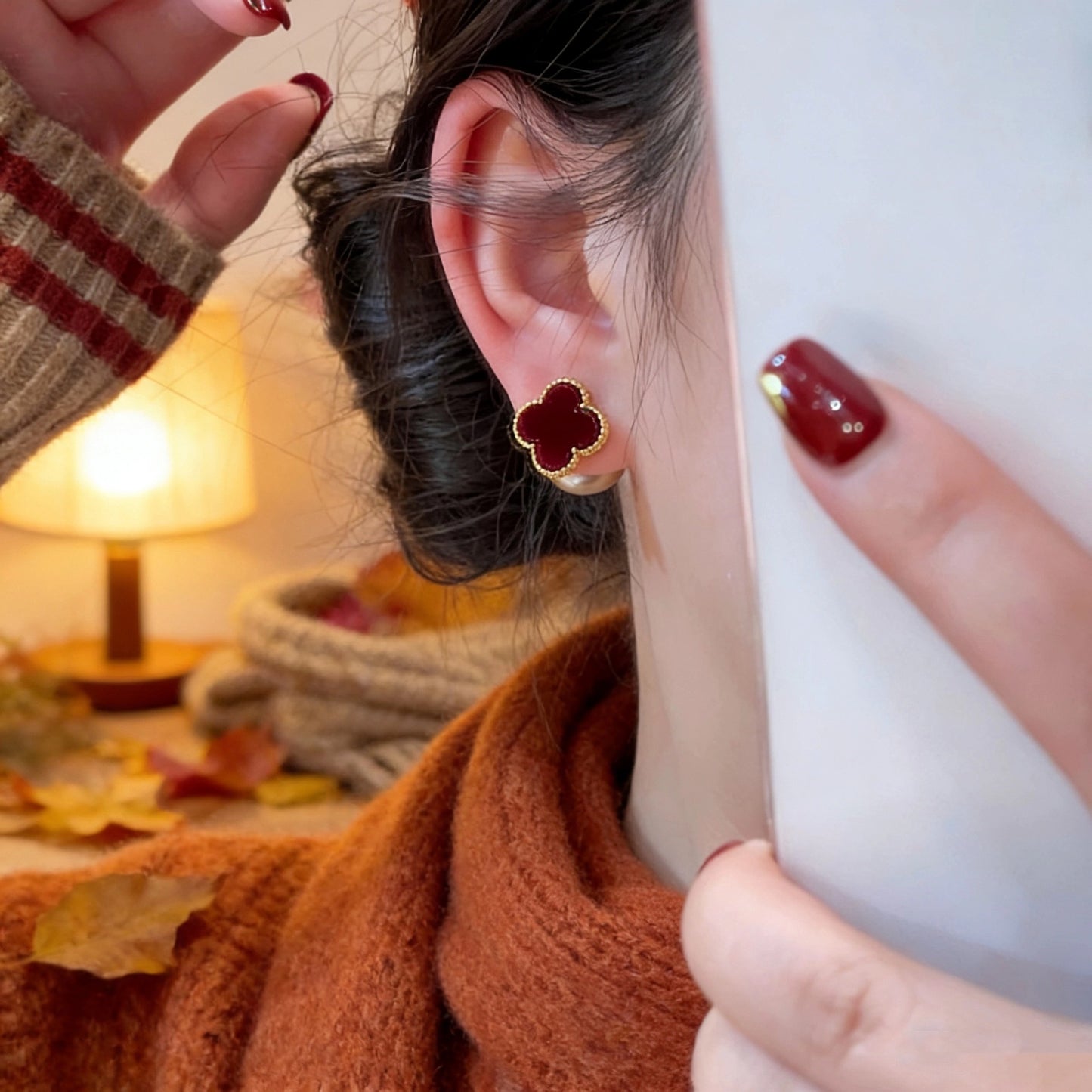 Women's Elegant Flocking Four-leaf Flower Red Design Earrings