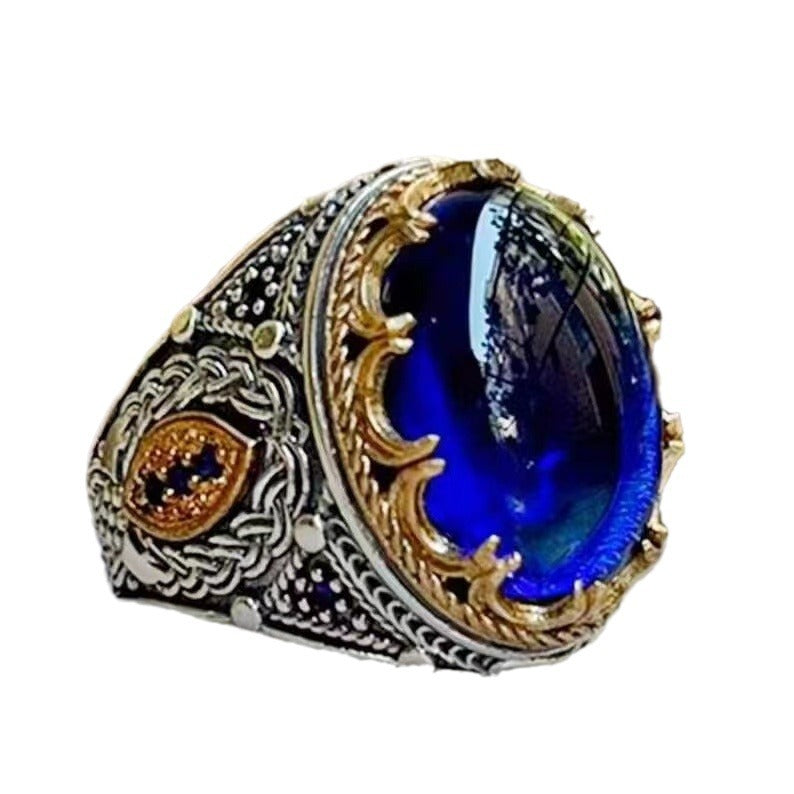 Men's Artisan Diamond Blue Gem Carved Vintage Rings