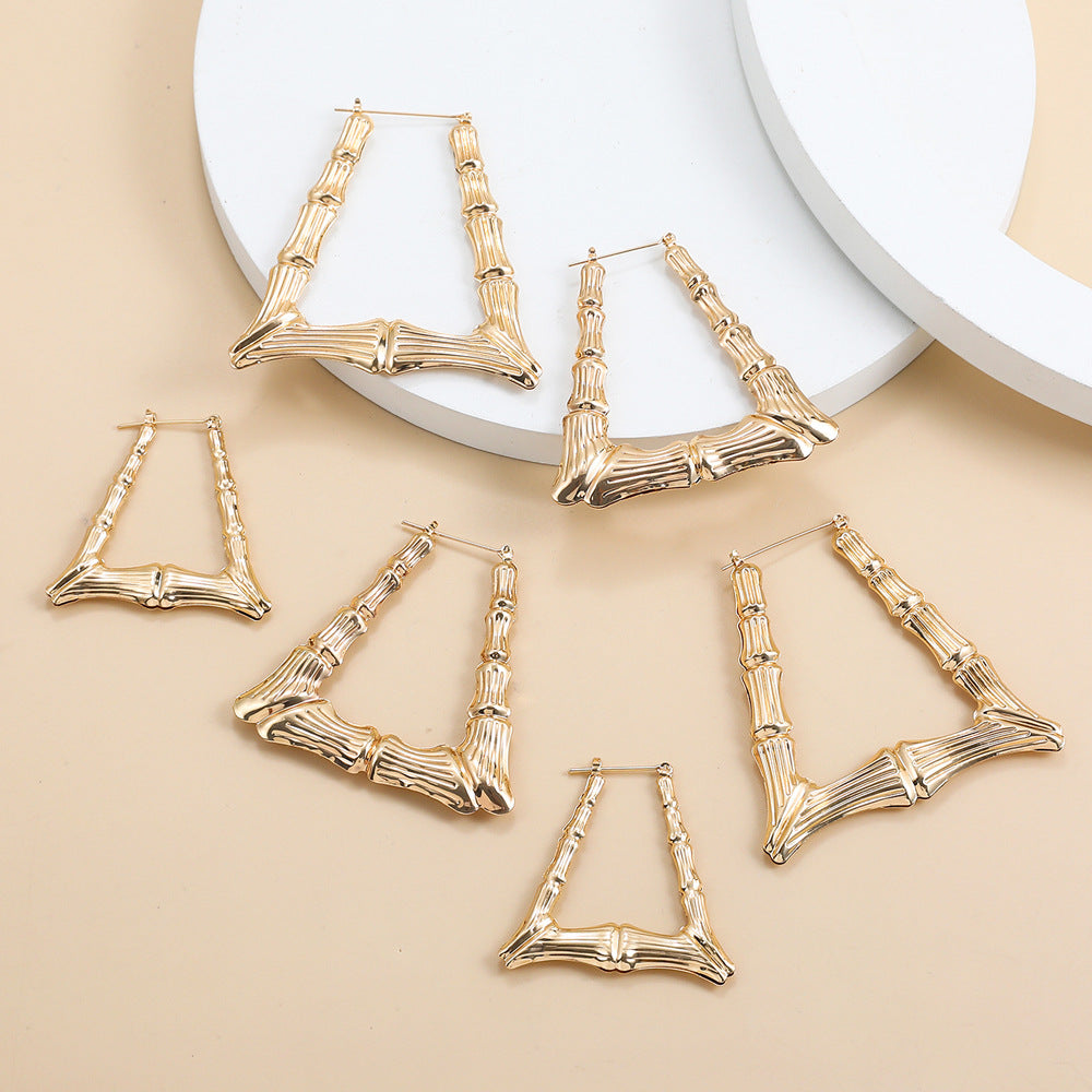 Gold Alloy Triangle Trapezoidal Hip Hop Exaggerated Oversized Bamboo Earrings