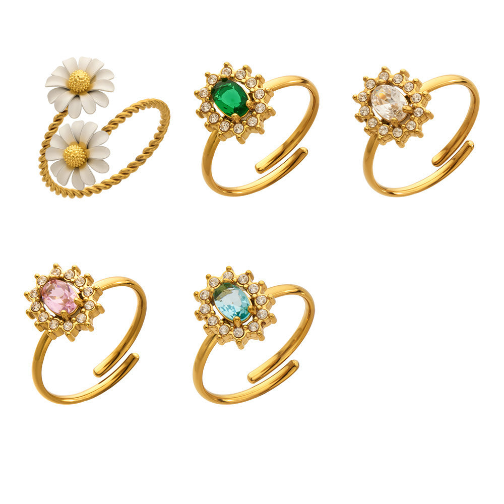 Women's Steel Colored Glass Flower Open Gold Ring