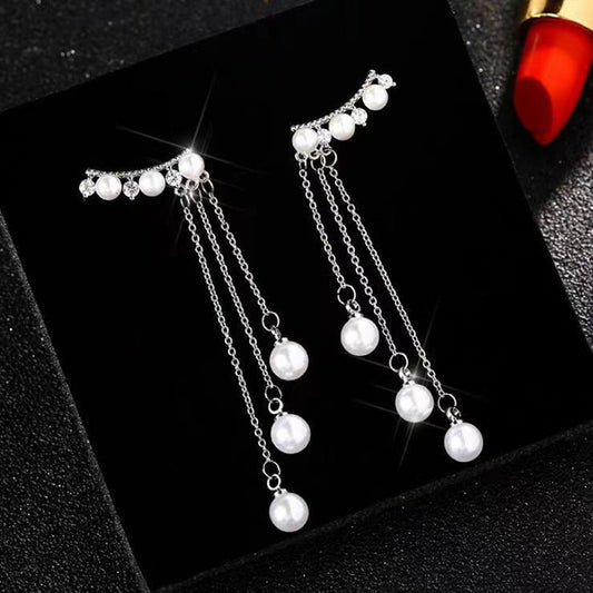 Women's Fringed Pearl Super Fairy Bow Elegant Eardrop Bridal Earrings
