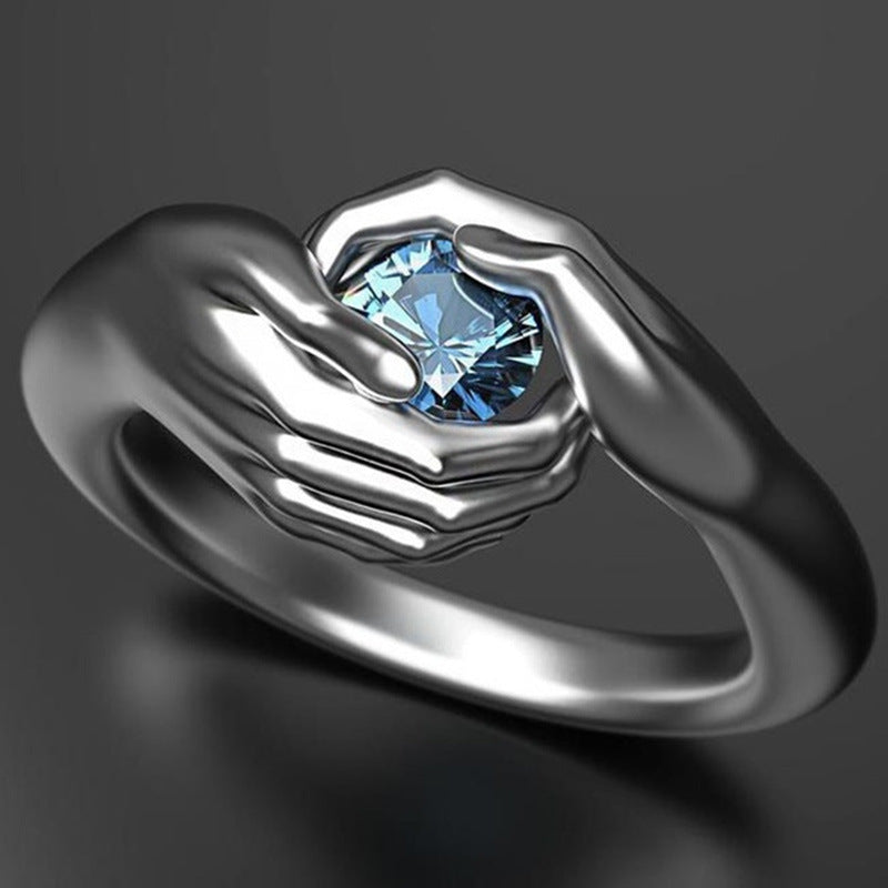 Shi Vintage Hands Hug Blue Zircon Copper Punk Halloween Rings