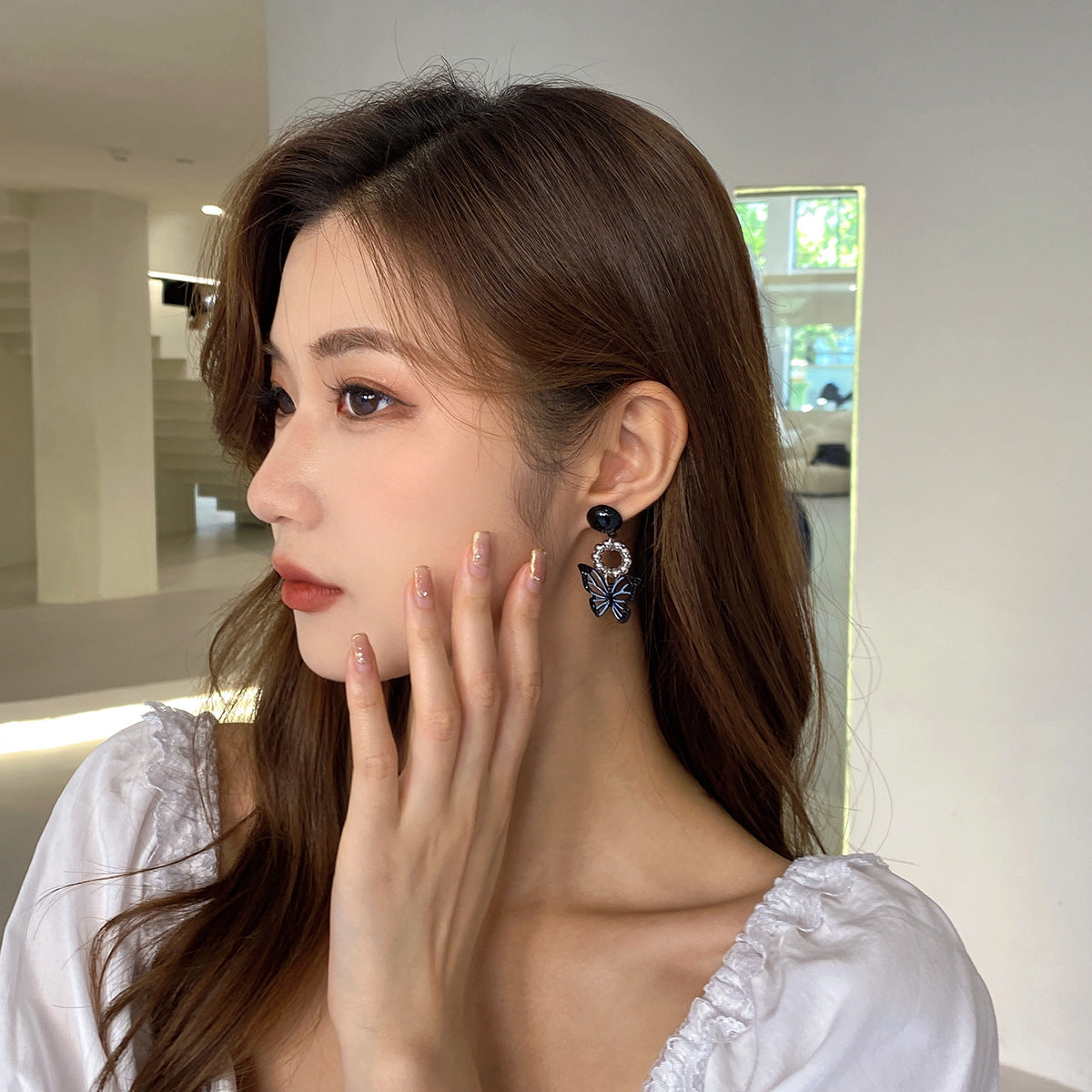 Needle Style Black Blue Butterfly Cool Stud Earrings