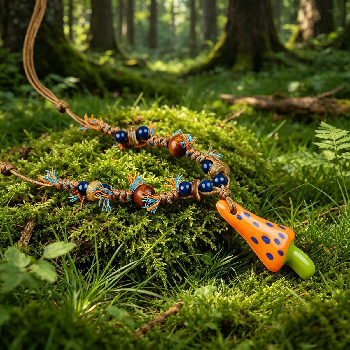 Women's Dopamine Color Ceramic Mushroom Long Woven Necklace
