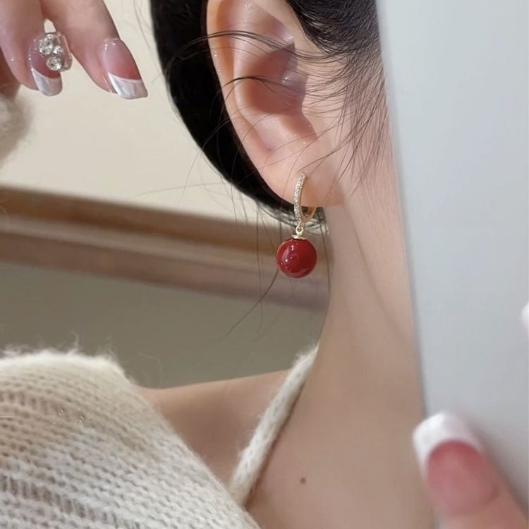 Sense Red Pearl Sier Needle Exquisite Versatile Earrings