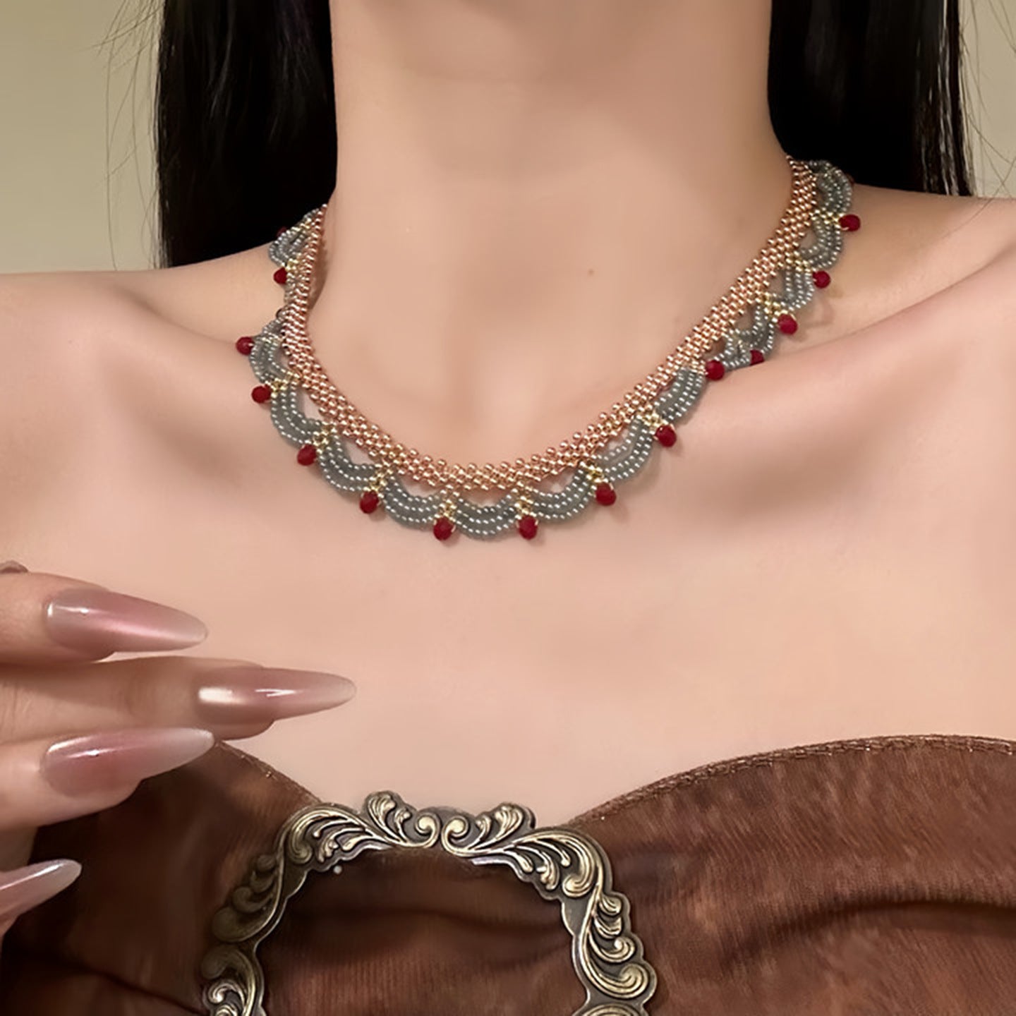 Women's Micro Glass Bead Lace French Vintage Court Necklace