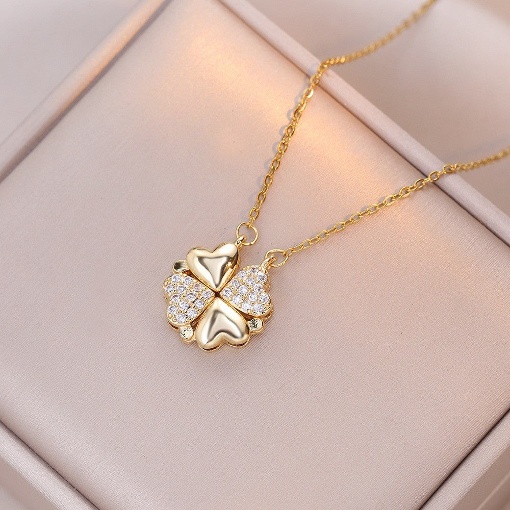 Women's Steel Cross Chain Open Close Four-leaf Flower Necklace