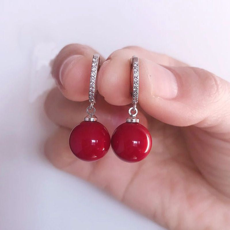 Sense Red Pearl Sier Needle Exquisite Versatile Earrings