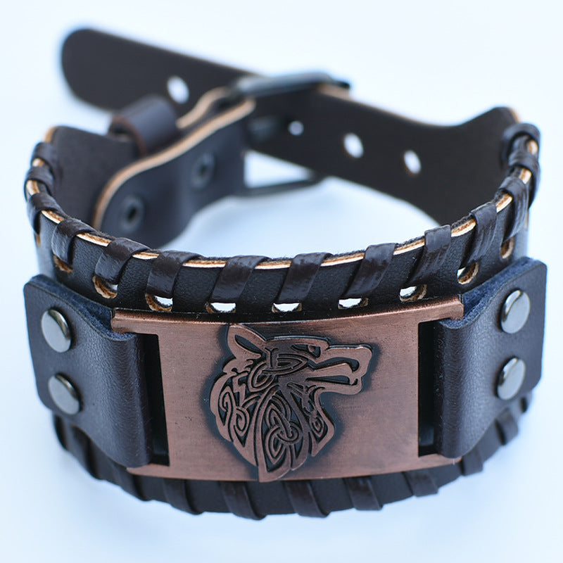 Men's Retro Viking Totem Leather Wolf Head Bear Claw Gossip Lucky Bracelet