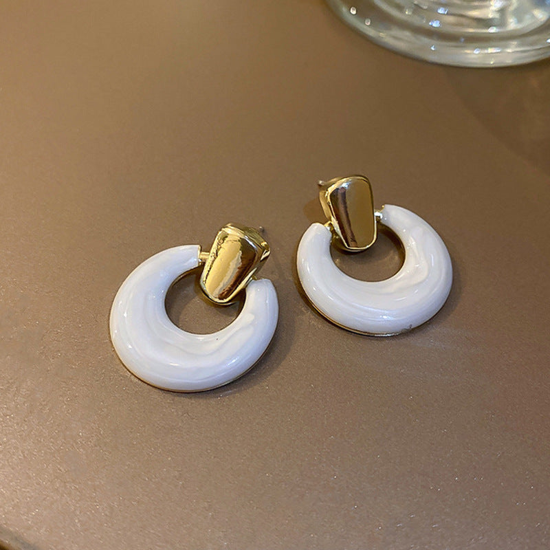 Sier Needle White Oil Dripping Love Heart Flowers Earrings