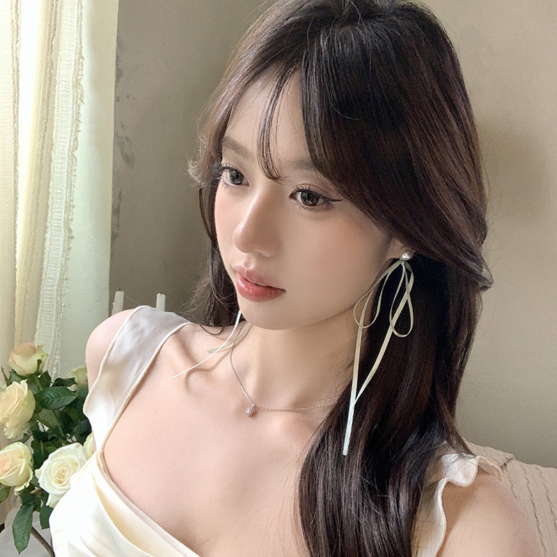 Women's Summer Ballet Style Long Fairy Bow Ribbon Pearl Unique Stud Earrings