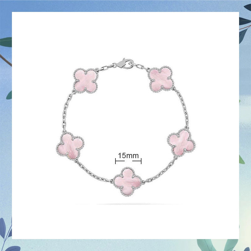 Women's Four-leaf Clover Rose Gold Red Agate Black White Shell Flower Bracelet